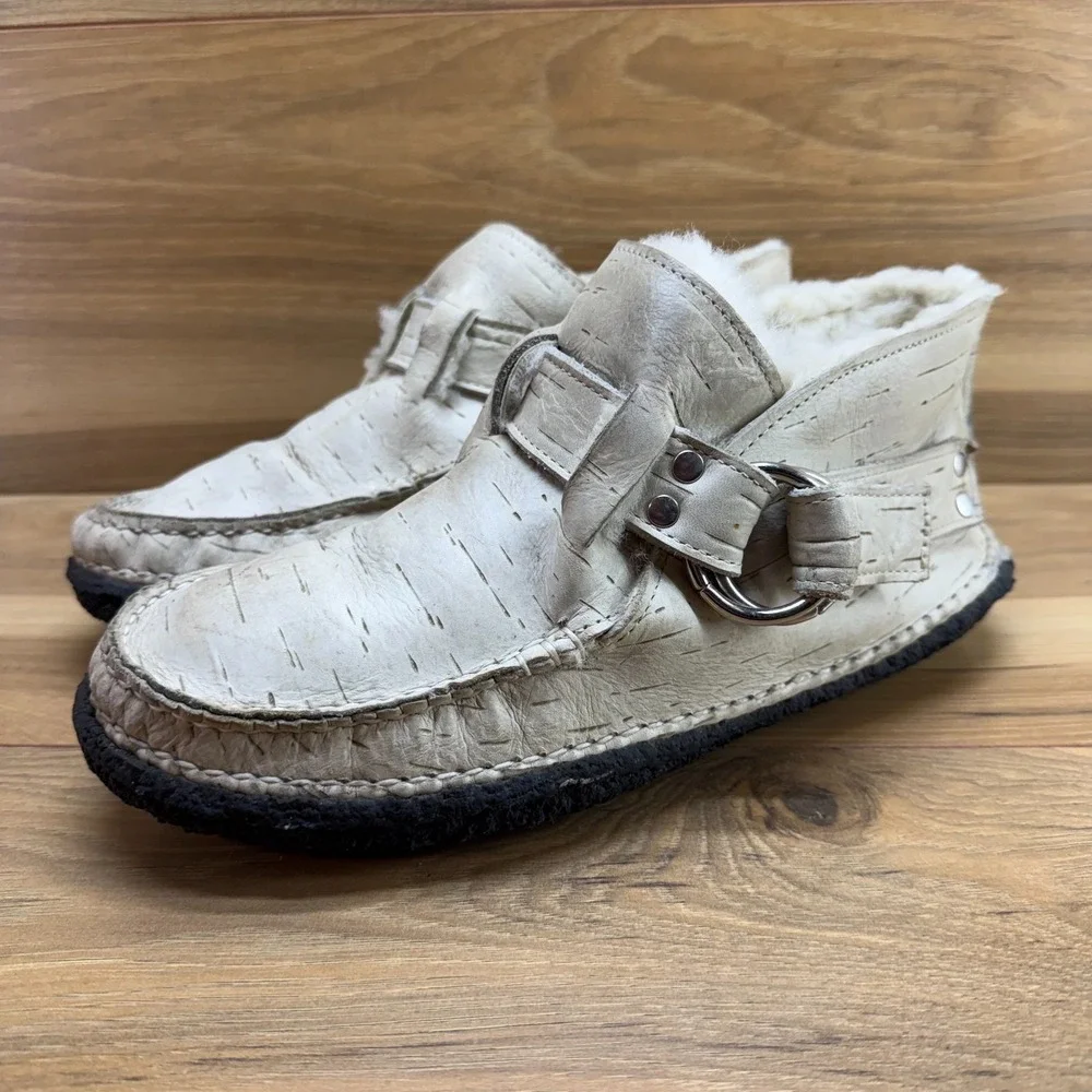 QUODDY Ring Boots Womens 10.5 Cream Leather Shearling Sherpa Fur Lined Crepe